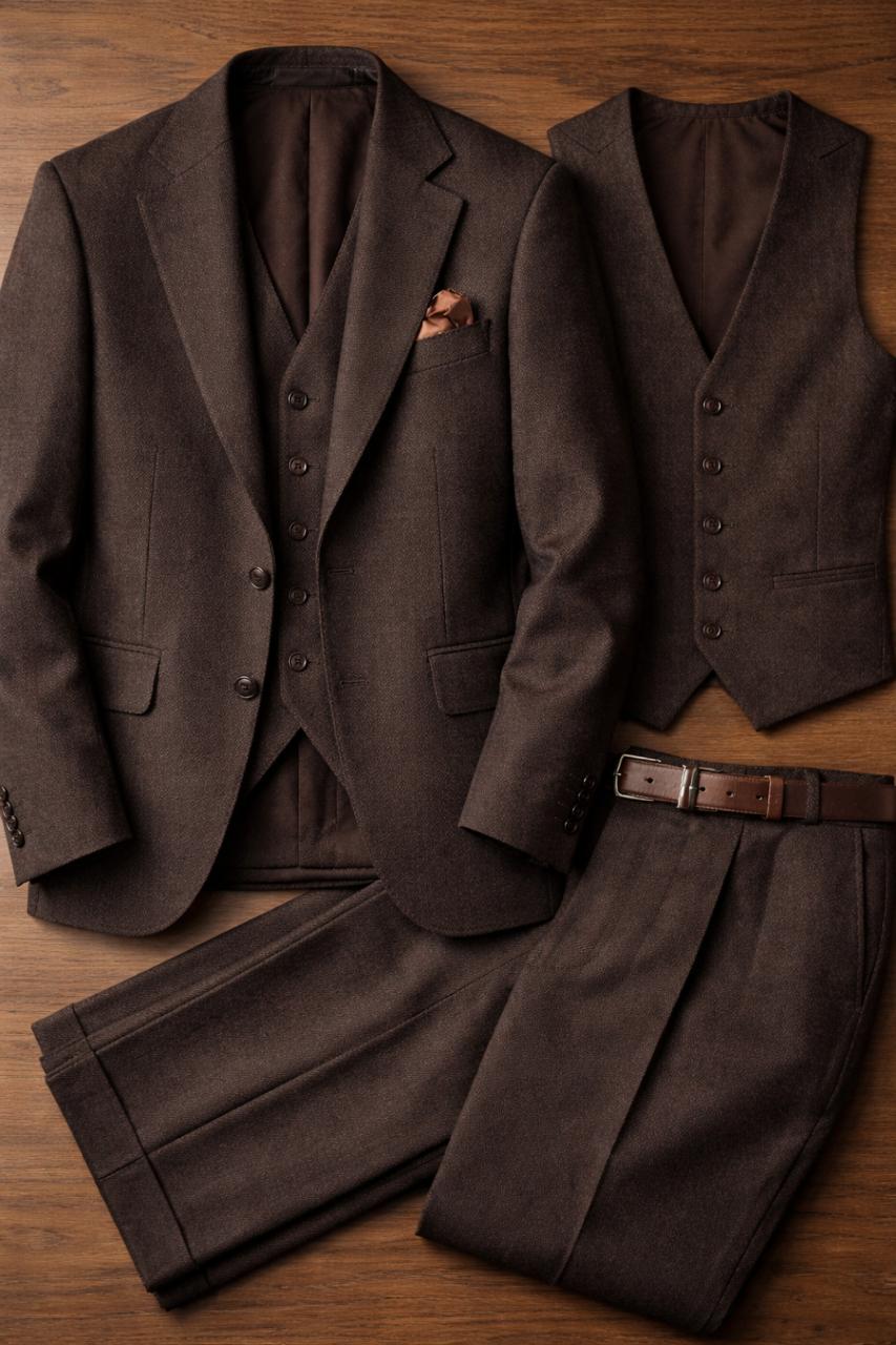Premium Chocolate Brown Tweed Suit, 3-Piece Groom Wedding Suit, Winter Wool Suit