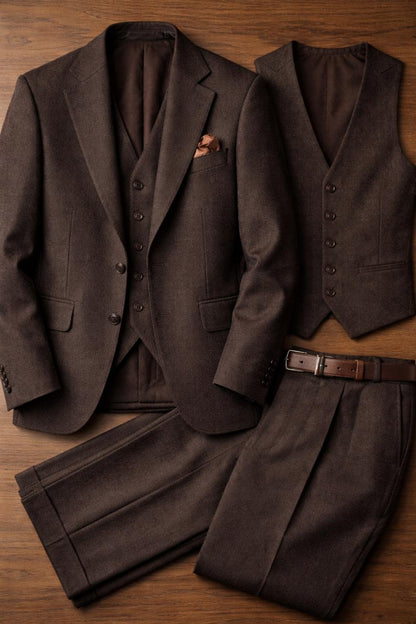 Premium Chocolate Brown Tweed Suit, 3-Piece Groom Wedding Suit, Winter Wool Suit