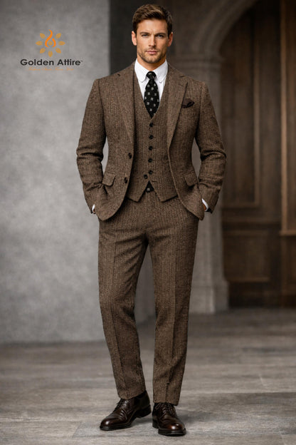 Brown Herringbone Tweed 3-Piece Wool Suit, Winter Wedding Groom Attire