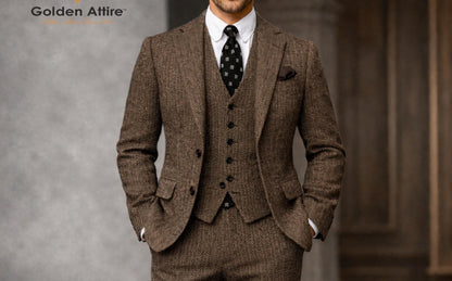Brown Herringbone Tweed 3-Piece Wool Suit, Winter Wedding Groom Attire