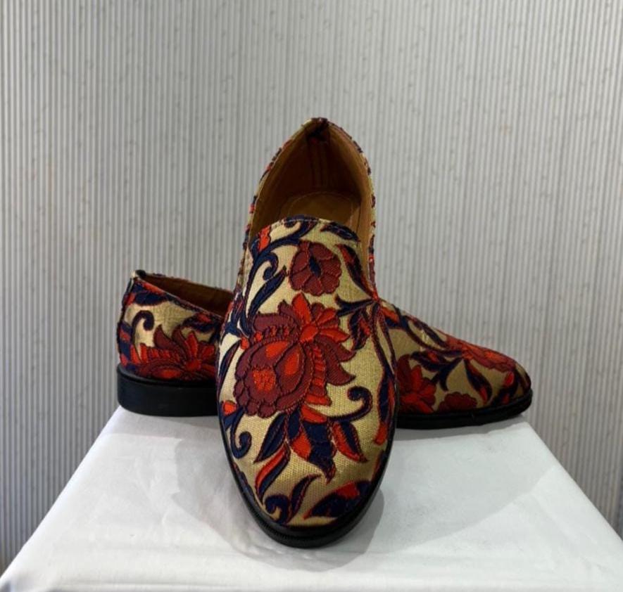 Handmade Floral Art Silk Groom Loafers, Indian Wedding Shoes