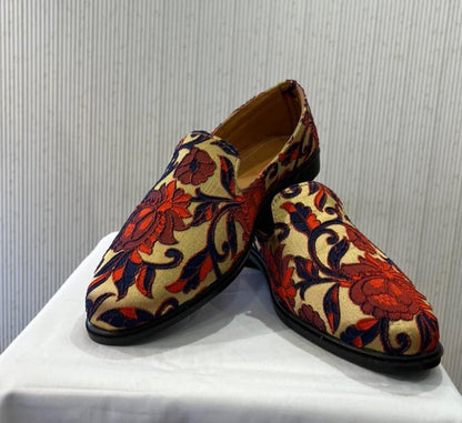 Handmade Floral Art Silk Groom Loafers, Indian Wedding Shoes