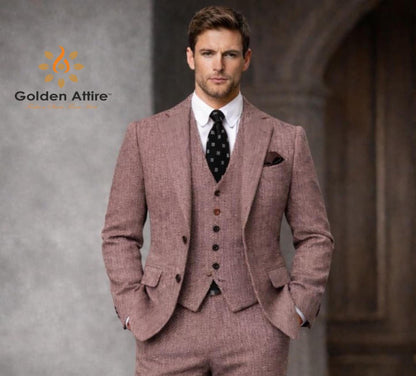 Dusty Rose Herringbone Tweed Wool 3-Piece Suit, Customizable Groom Wedding Suit