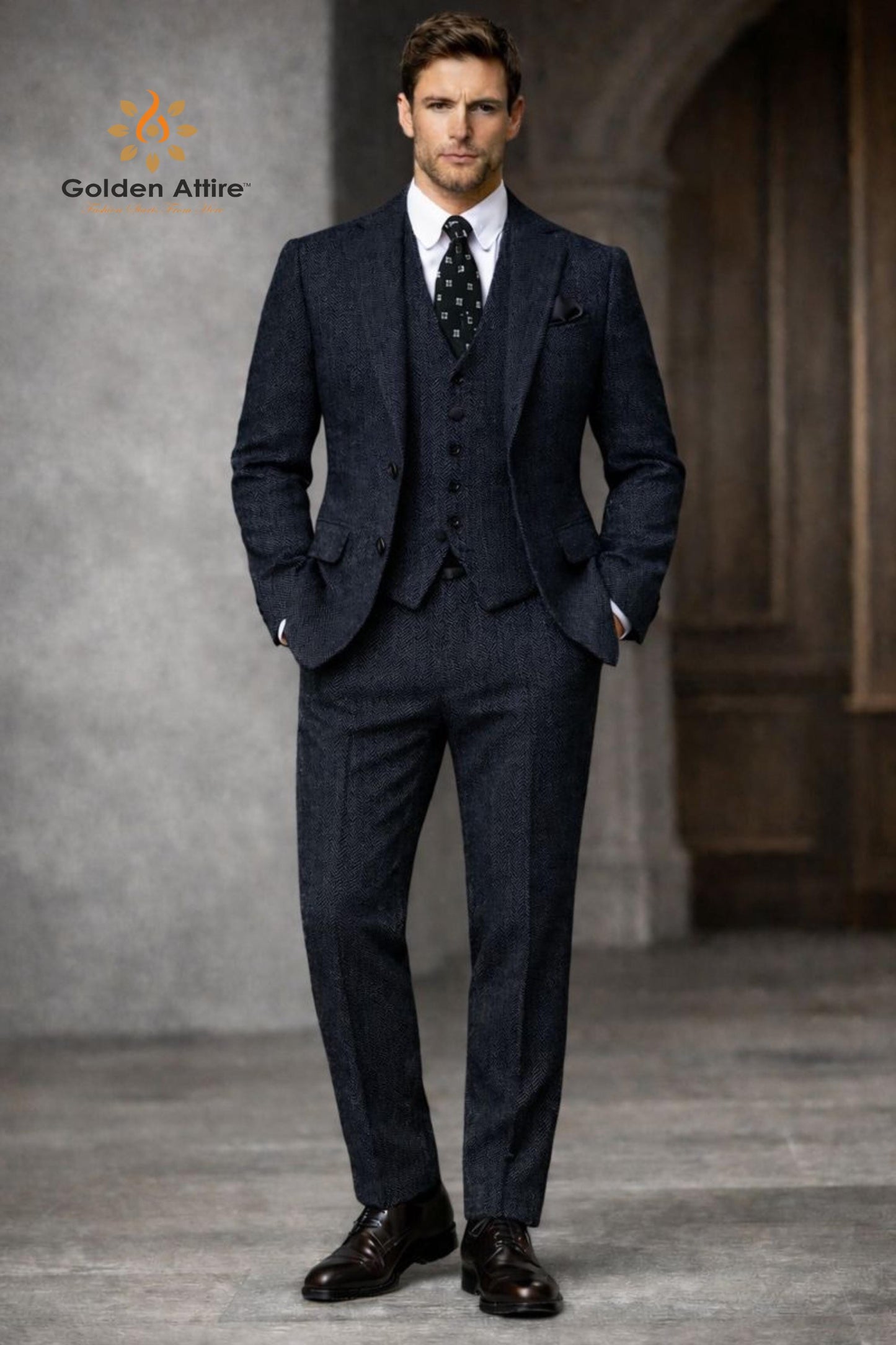 Navy Herringbone Tweed 3-Piece Groom Suit, Wool Winter Wedding