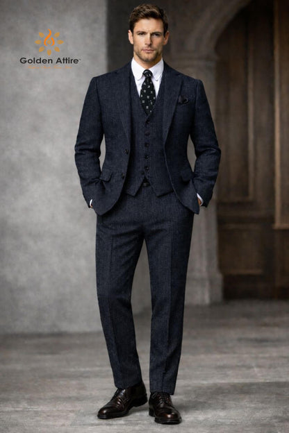 Navy Herringbone Tweed 3-Piece Groom Suit, Wool Winter Wedding