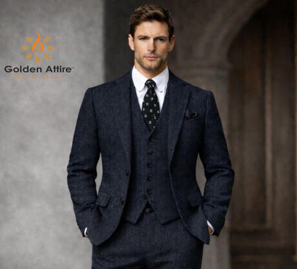 Navy Herringbone Tweed 3-Piece Groom Suit, Wool Winter Wedding