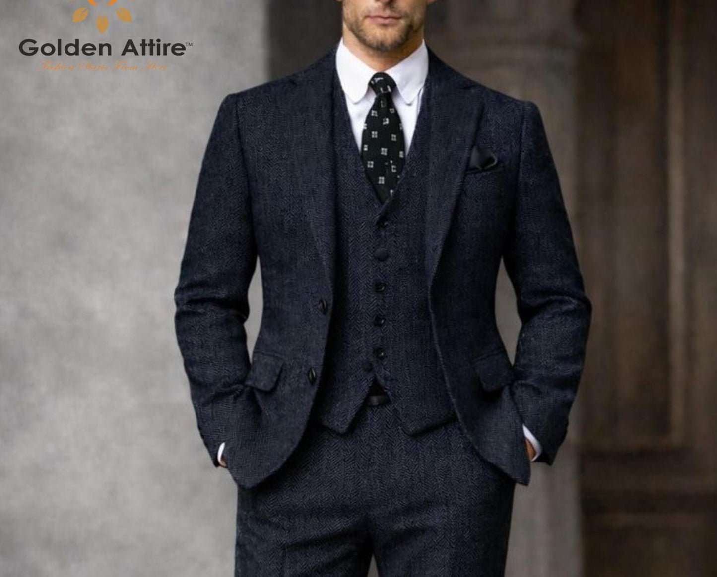Navy Herringbone Tweed 3-Piece Groom Suit, Wool Winter Wedding