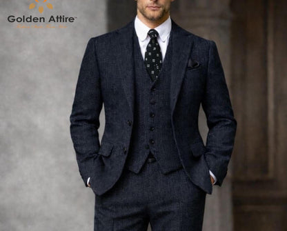 Navy Herringbone Tweed 3-Piece Groom Suit, Wool Winter Wedding