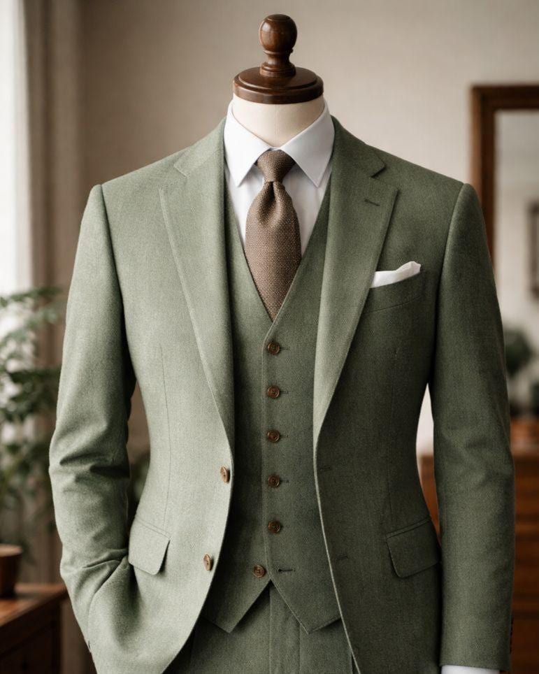 Sage Green Tweed Wool Suit, Three-Piece Winter Wedding Groom Attire