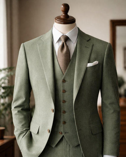 Sage Green Tweed Wool Suit, Three-Piece Winter Wedding Groom Attire