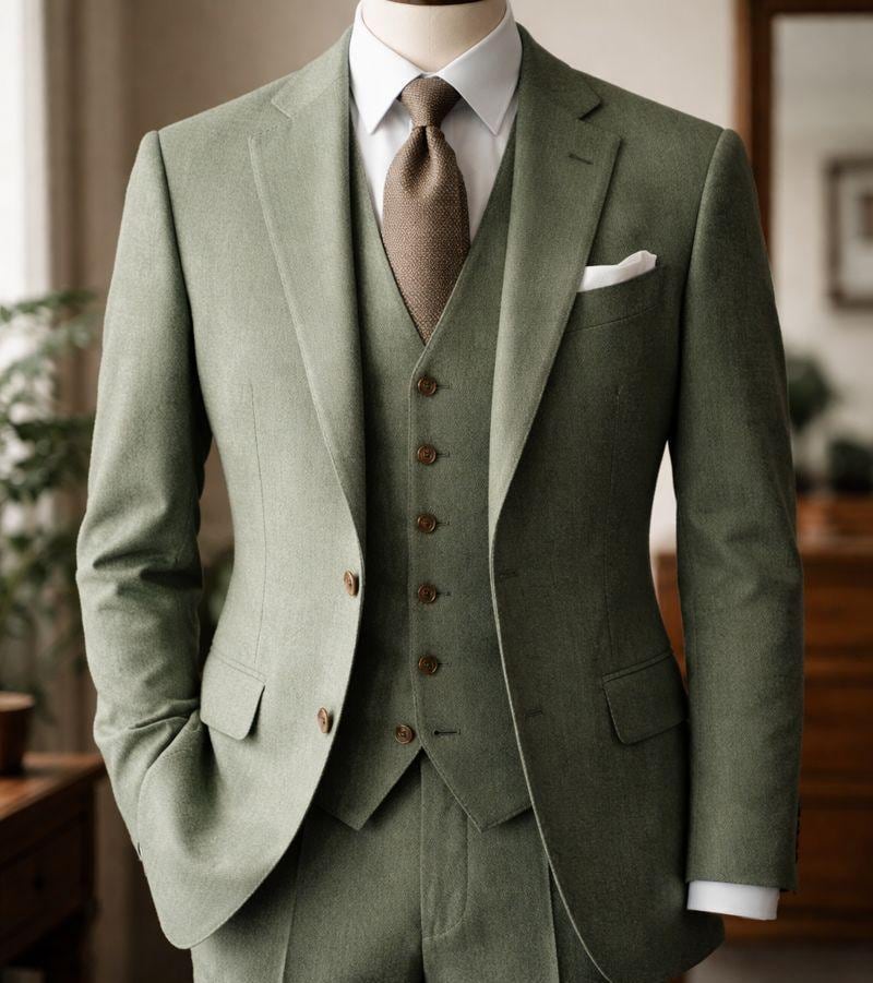 Sage Green Tweed Wool Suit, Three-Piece Winter Wedding Groom Attire