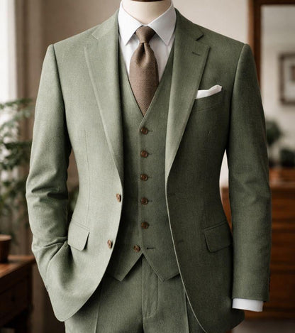 Sage Green Tweed Wool Suit, Three-Piece Winter Wedding Groom Attire