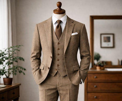 Custom Tan Tweed Wool Suit, Three-Piece Winter Wedding Groom Attire