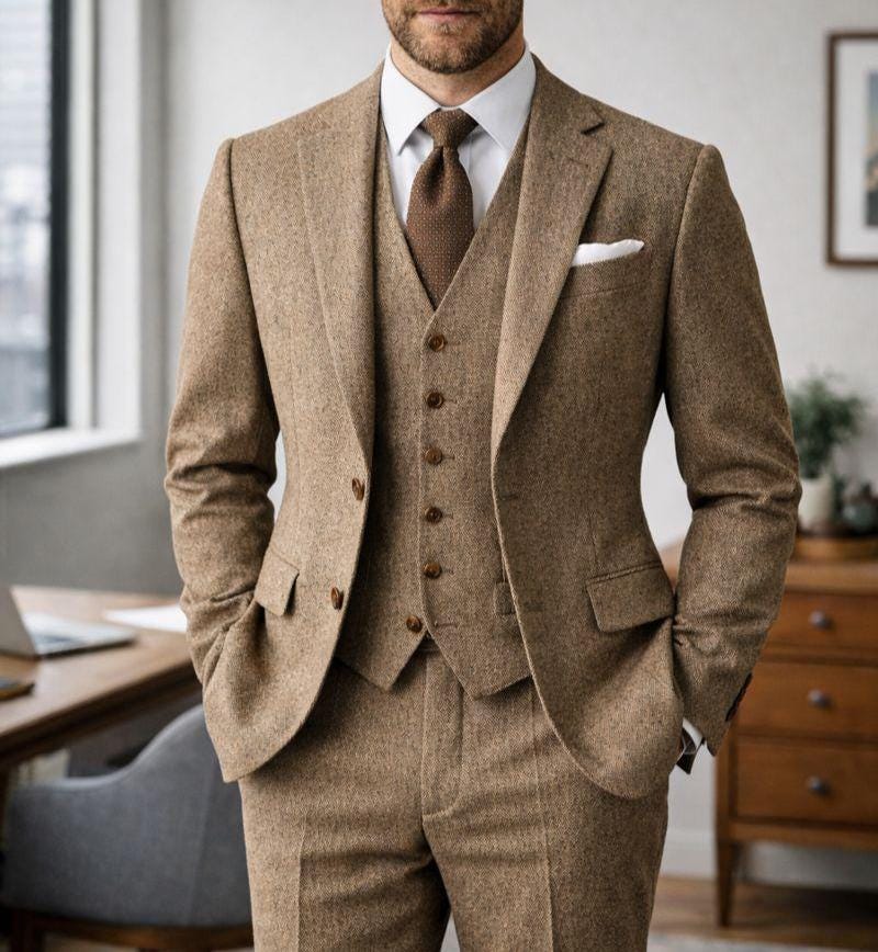 Custom Tan Tweed Wool Suit, Three-Piece Winter Wedding Groom Attire