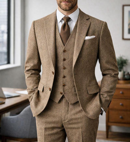 Custom Tan Tweed Wool Suit, Three-Piece Winter Wedding Groom Attire