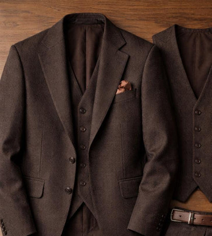Premium Chocolate Brown Tweed Suit, 3-Piece Groom Wedding Suit, Winter Wool Suit