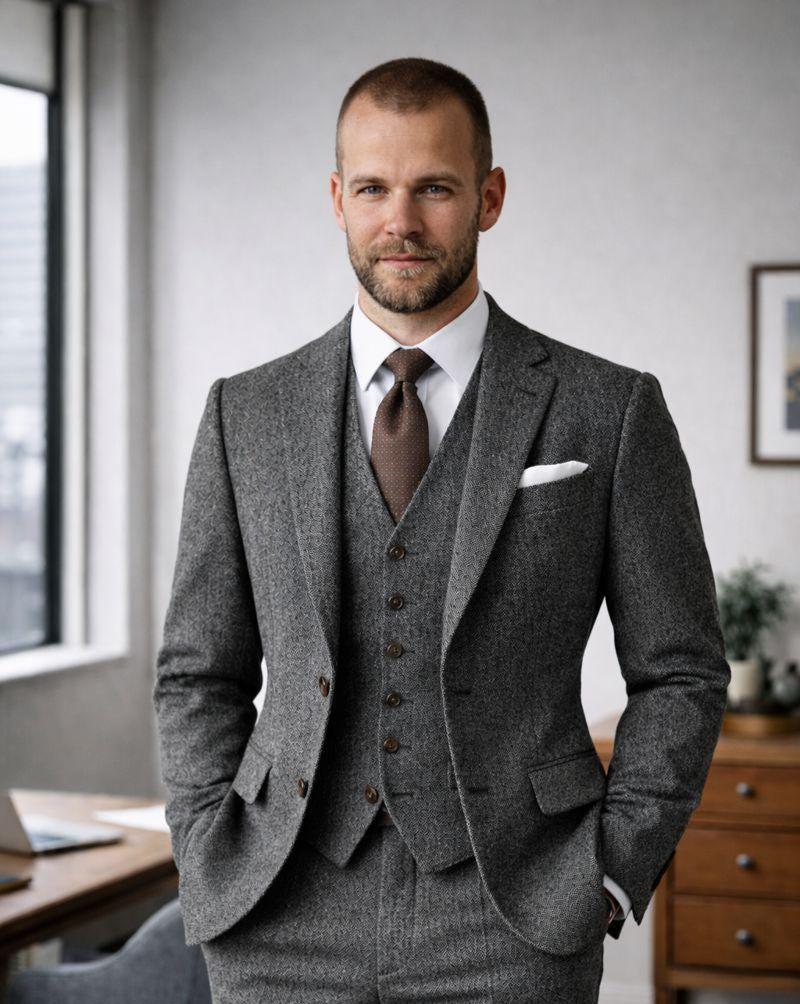 Charcoal Grey Tweed Three Piece Wool Suit, Groom Wedding Attire