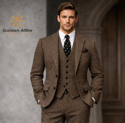 Brown Herringbone Tweed 3-Piece Wool Suit, Winter Wedding Groom Attire