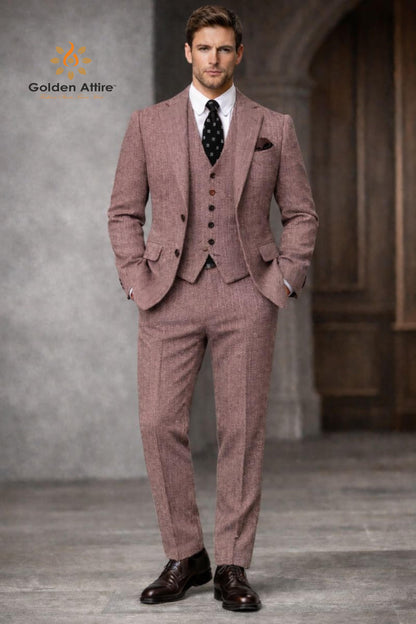 Dusty Rose Herringbone Tweed Wool 3-Piece Suit, Customizable Groom Wedding Suit