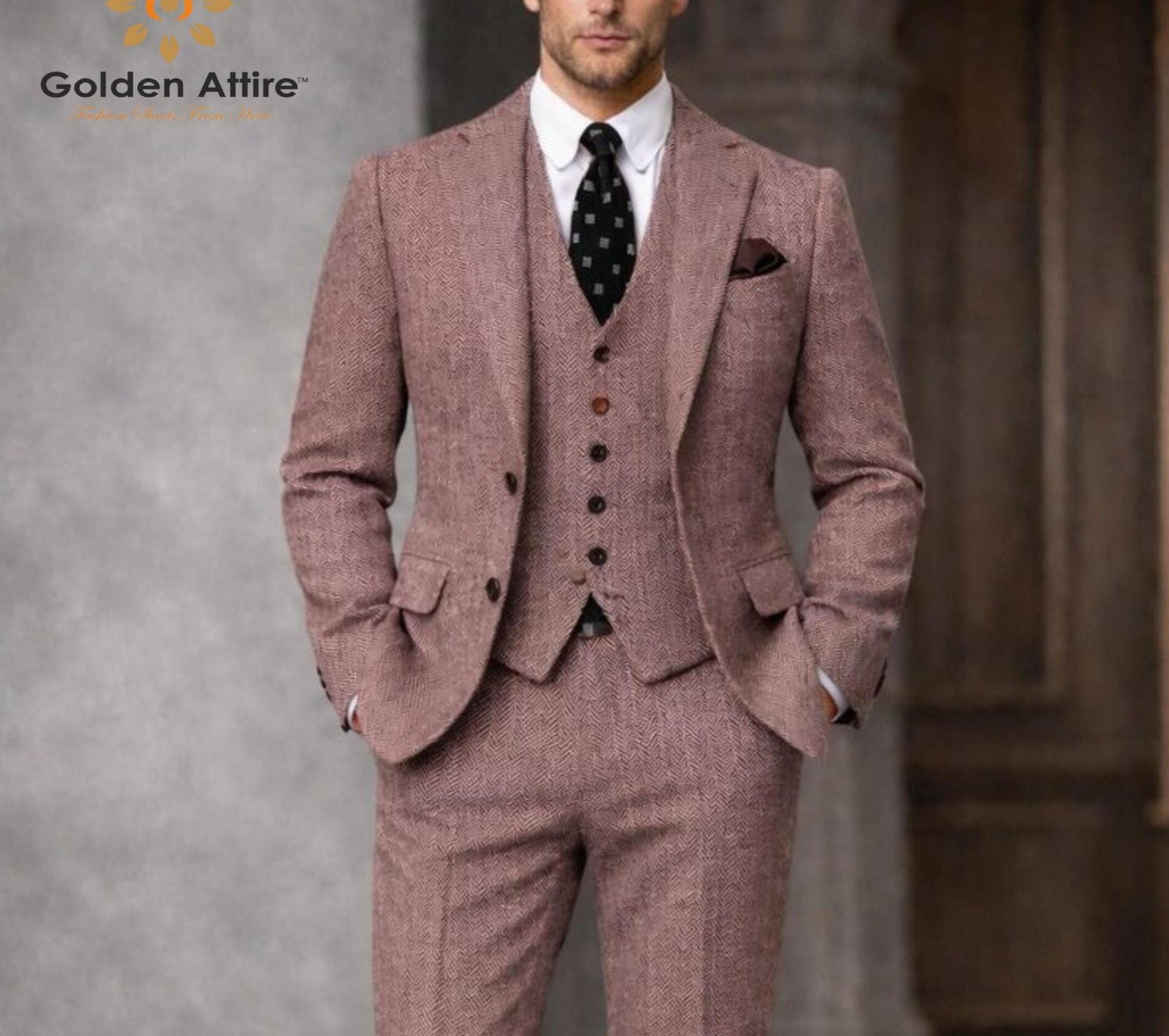 Dusty Rose Herringbone Tweed Wool 3-Piece Suit, Customizable Groom Wedding Suit