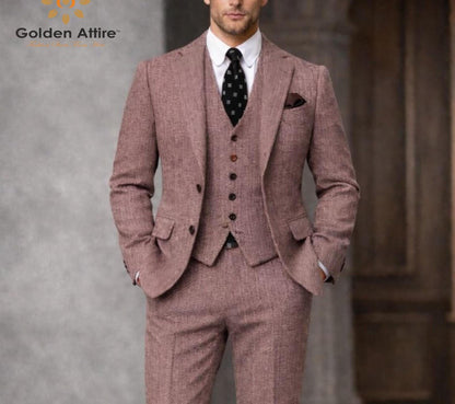 Dusty Rose Herringbone Tweed Wool 3-Piece Suit, Customizable Groom Wedding Suit