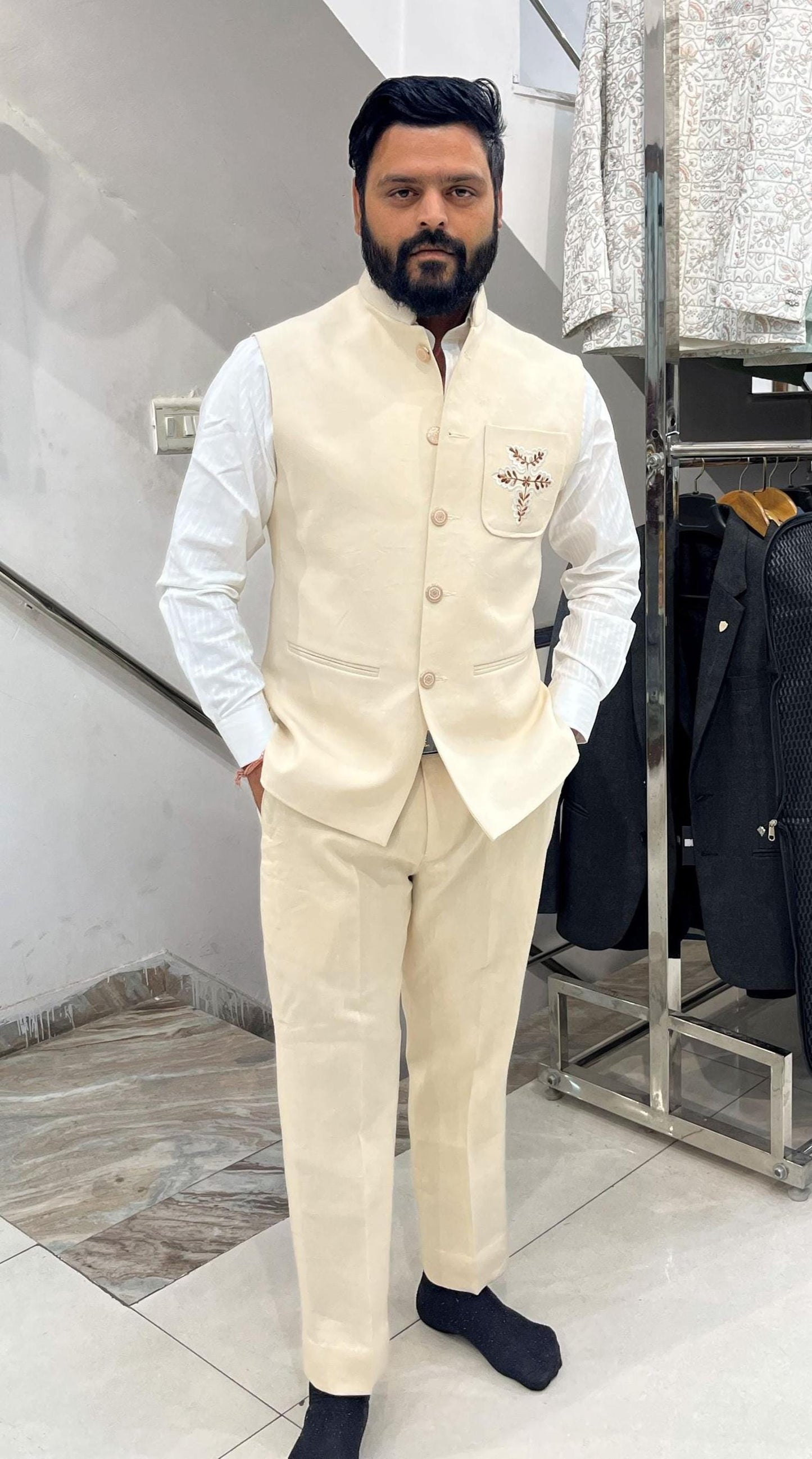 Ivory Linen Nehru Jacket, Groom Wedding Bandhgala