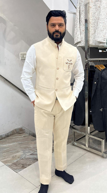 Ivory Linen Nehru Jacket, Groom Wedding Bandhgala