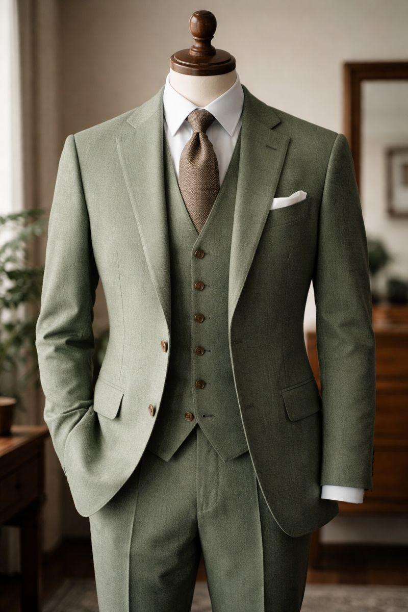 Sage Green Tweed Wool Suit, Three-Piece Winter Wedding Groom Attire