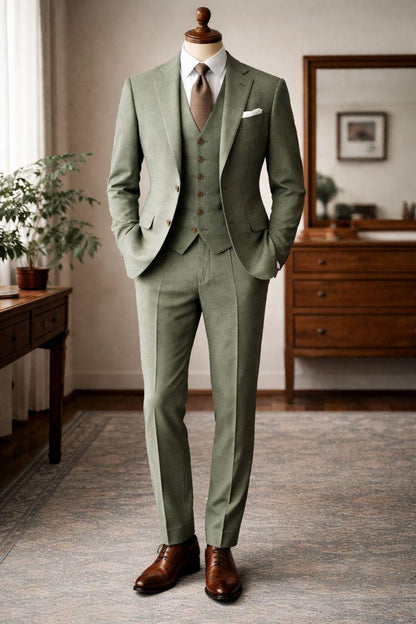 Sage Green Tweed Wool Suit, Three-Piece Winter Wedding Groom Attire