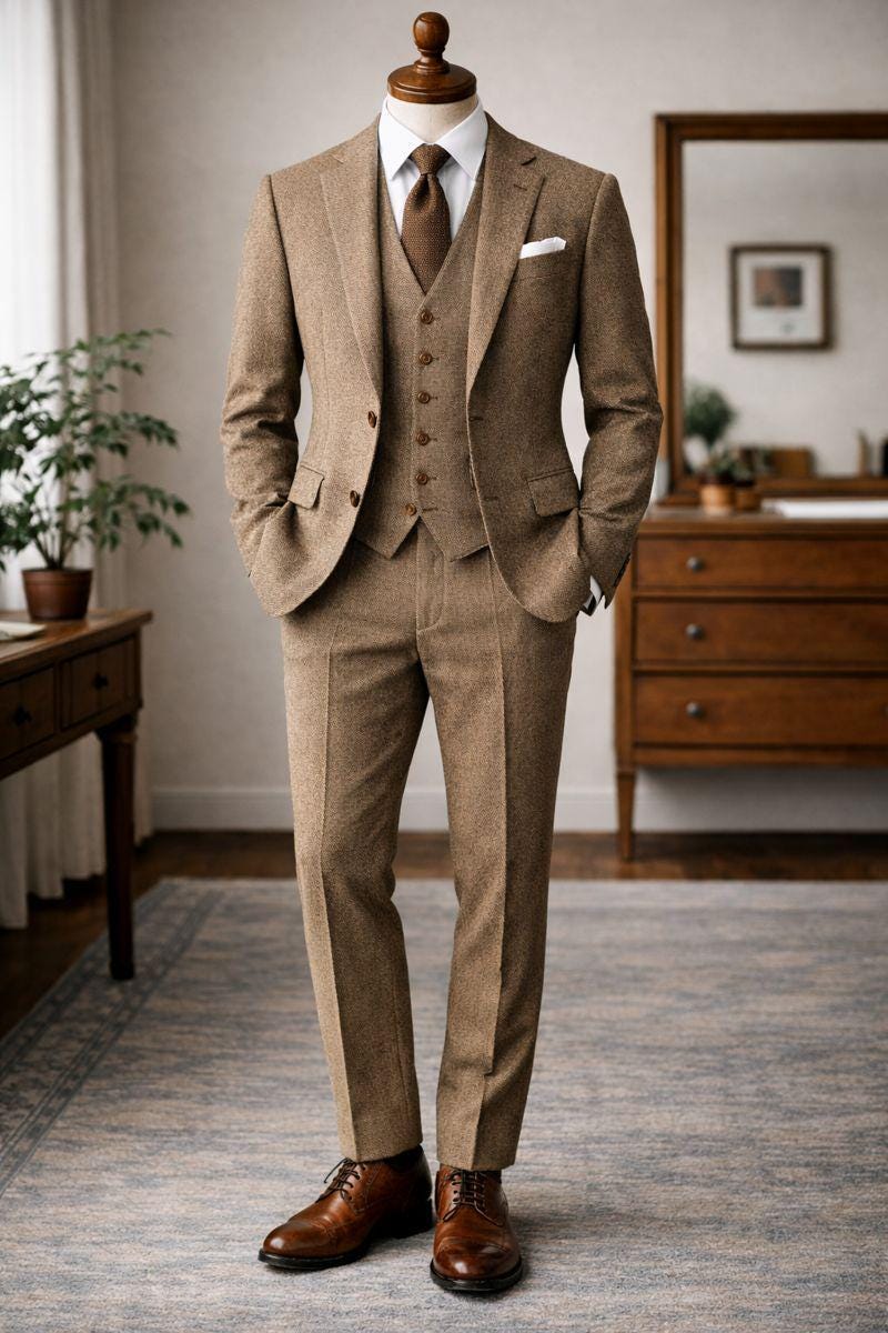 Custom Tan Tweed Wool Suit, Three-Piece Winter Wedding Groom Attire
