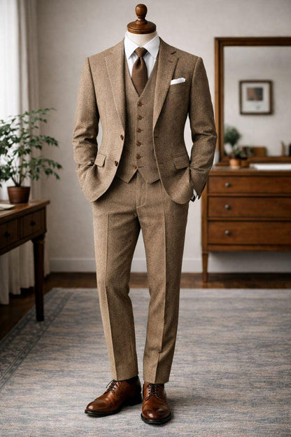 Custom Tan Tweed Wool Suit, Three-Piece Winter Wedding Groom Attire