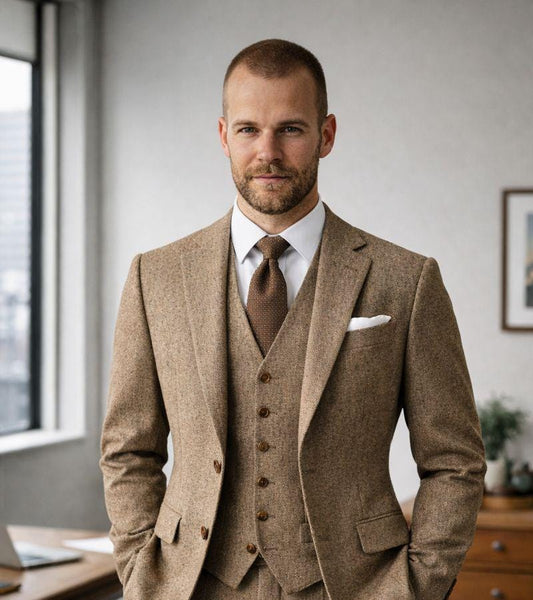 Custom Tan Tweed Wool Suit, Three-Piece Winter Wedding Groom Attire