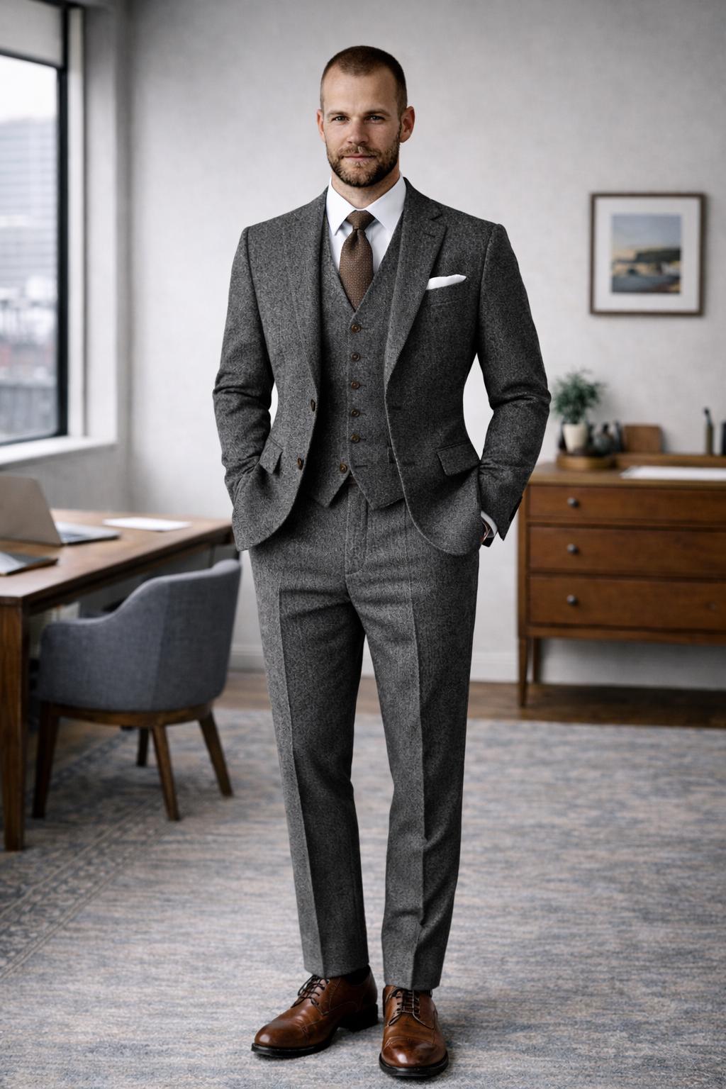 Charcoal Grey Tweed Three Piece Wool Suit, Groom Wedding Attire