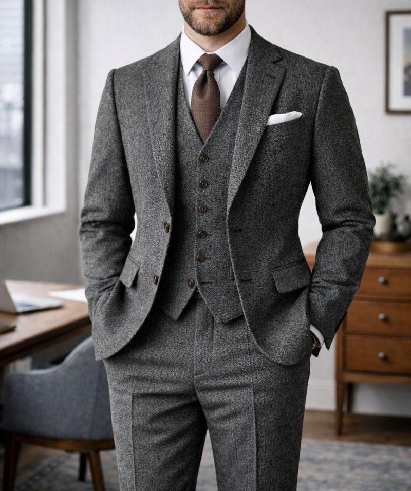 Charcoal Grey Tweed Three Piece Wool Suit, Groom Wedding Attire