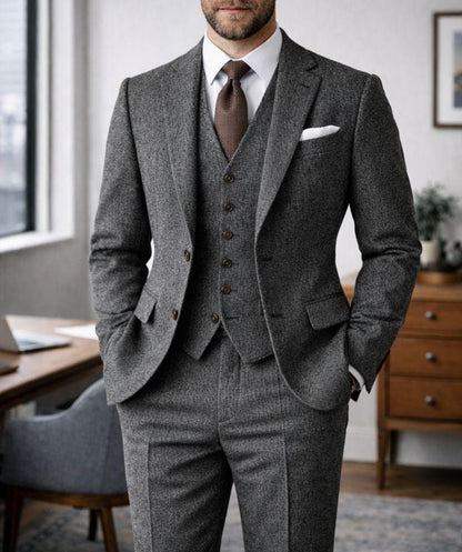 Charcoal Grey Tweed Three Piece Wool Suit, Groom Wedding Attire