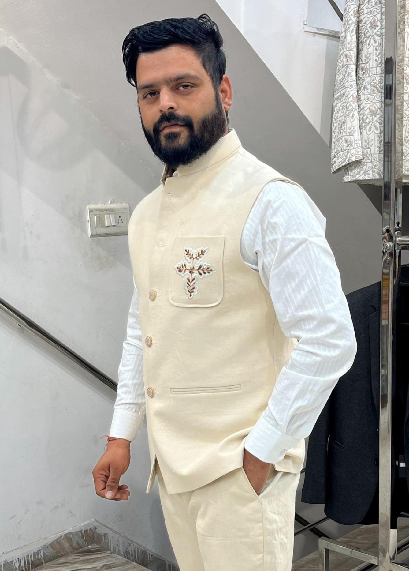 Ivory Linen Nehru Jacket, Groom Wedding Bandhgala