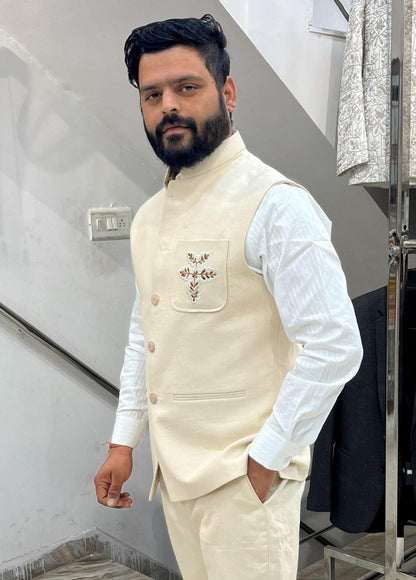 Ivory Linen Nehru Jacket, Groom Wedding Bandhgala