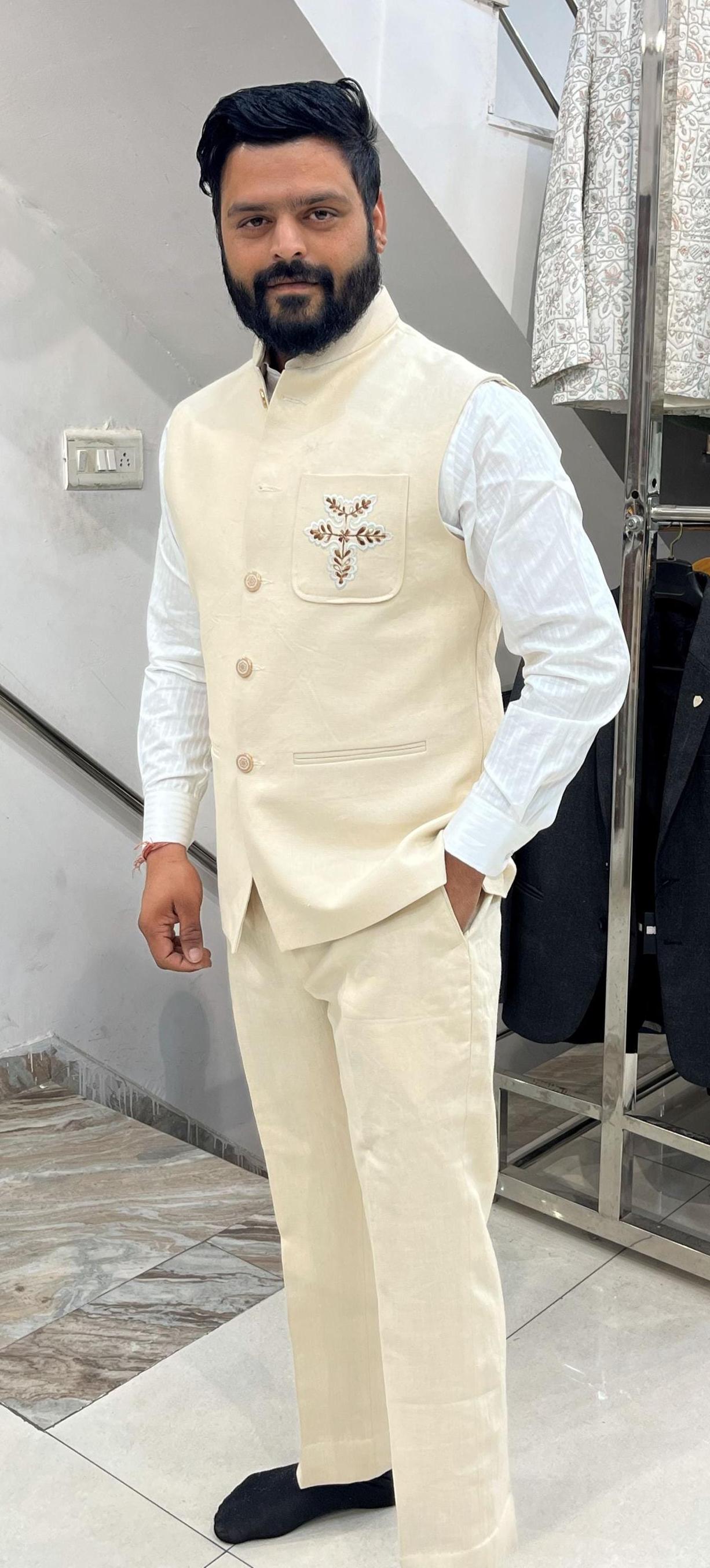 Ivory Linen Nehru Jacket, Groom Wedding Bandhgala