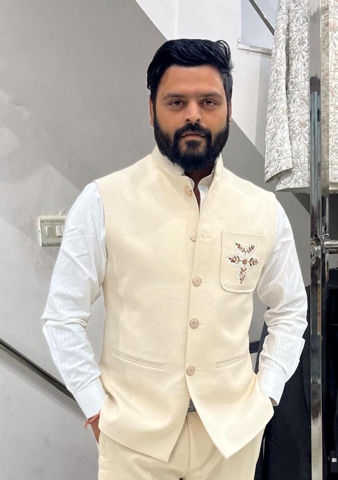 Ivory Linen Nehru Jacket, Groom Wedding Bandhgala