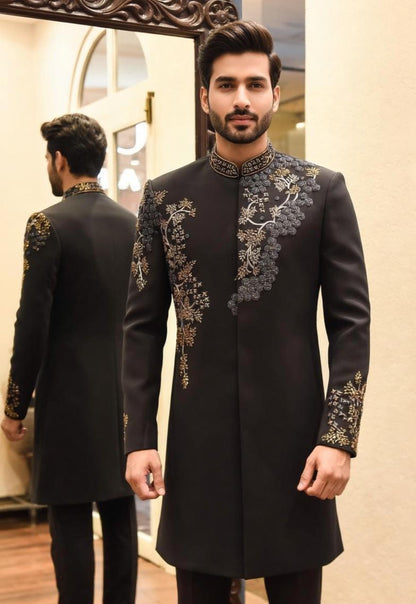 Customizable Black Indo-Western Groom Suit for Men