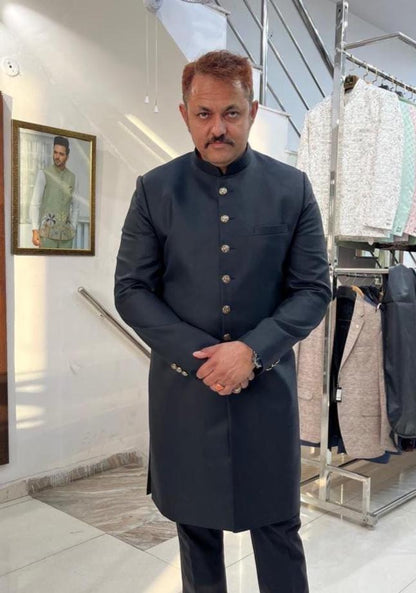 Mens Black Bandhgala Achkan Suit, Indo-Western Wedding Sherwani Set