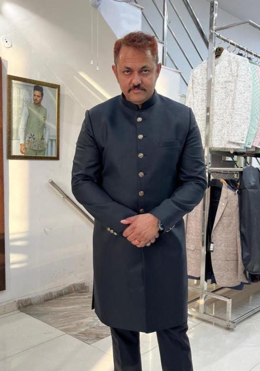 Mens Black Bandhgala Achkan Suit, Indo-Western Wedding Sherwani Set