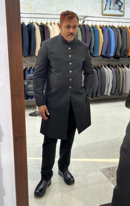 Mens Black Bandhgala Achkan Suit, Indo-Western Wedding Sherwani Set