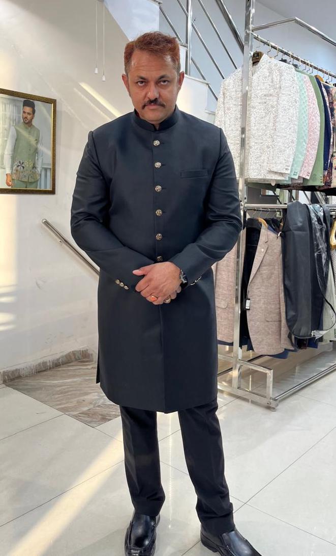 Mens Black Bandhgala Achkan Suit, Indo-Western Wedding Sherwani Set