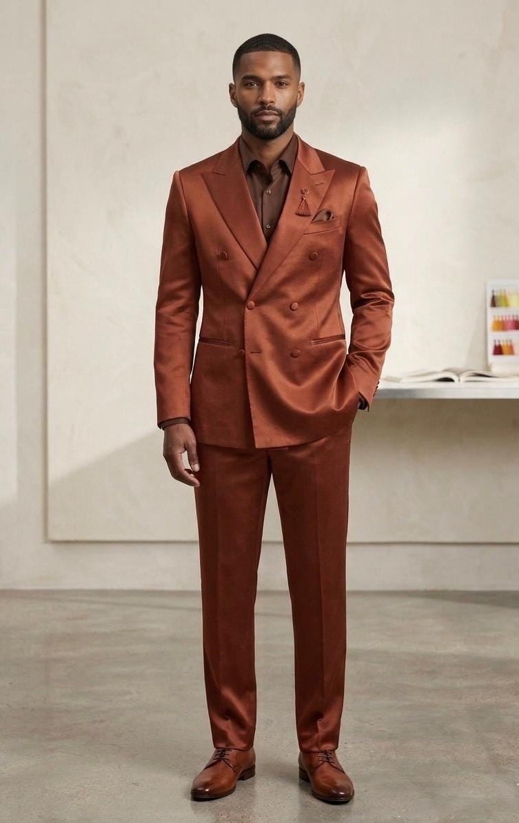 Men’s Rust Copper Satin Finish Double Breasted 3 Piece Suit