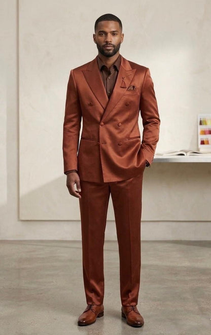 Men’s Rust Copper Satin Finish Double Breasted 3 Piece Suit