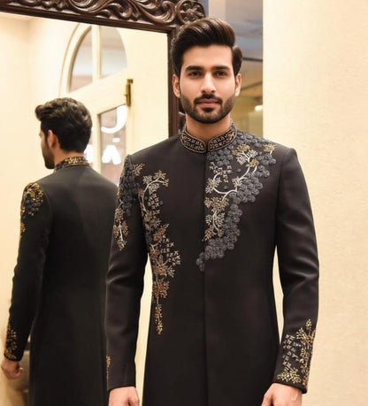 Customizable Black Indo-Western Groom Suit for Men