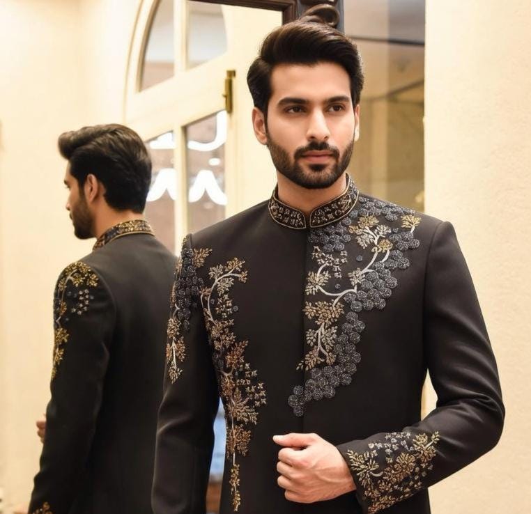 Customizable Black Indo-Western Groom Suit for Men