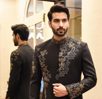 Customizable Black Indo-Western Groom Suit for Men