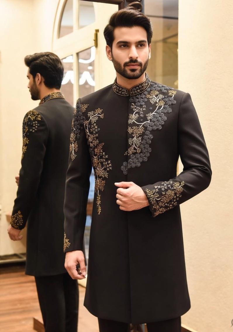 Customizable Black Indo-Western Groom Suit for Men